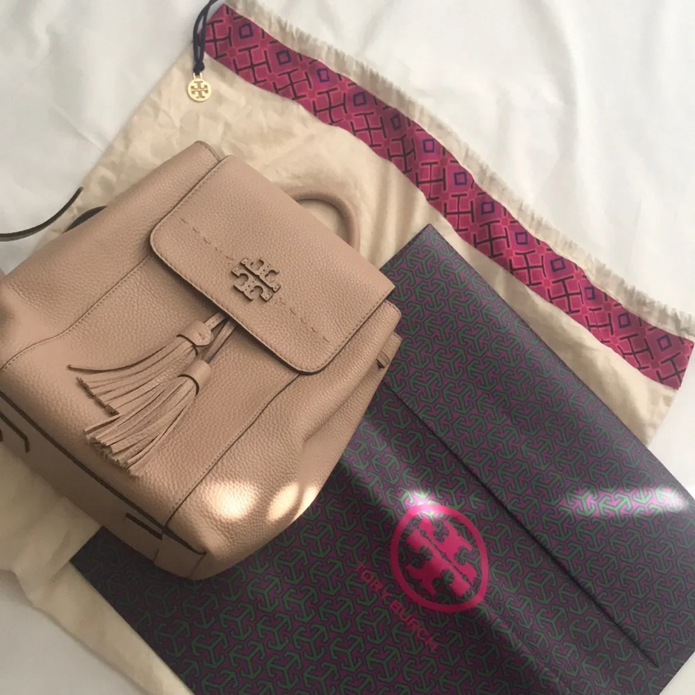Tory Burch Blush Pink Leather Mini Backpack with Tassels
